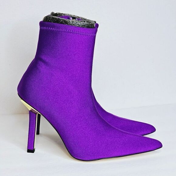 New! Good American Pointed Ankle Sock Shine Neoprene Purple Stiletto Boots - Picture 3 of 15